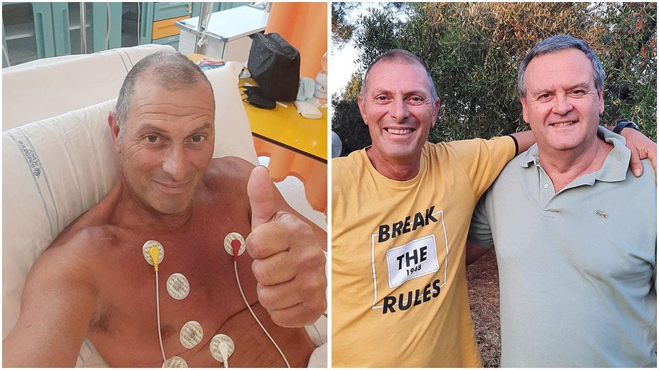 Marco Volpi mostra il pollice ricoverato nel reparto di cardiologia e Volpi con il primario Antonio Augusti dopo le dimissioni dall’Utic