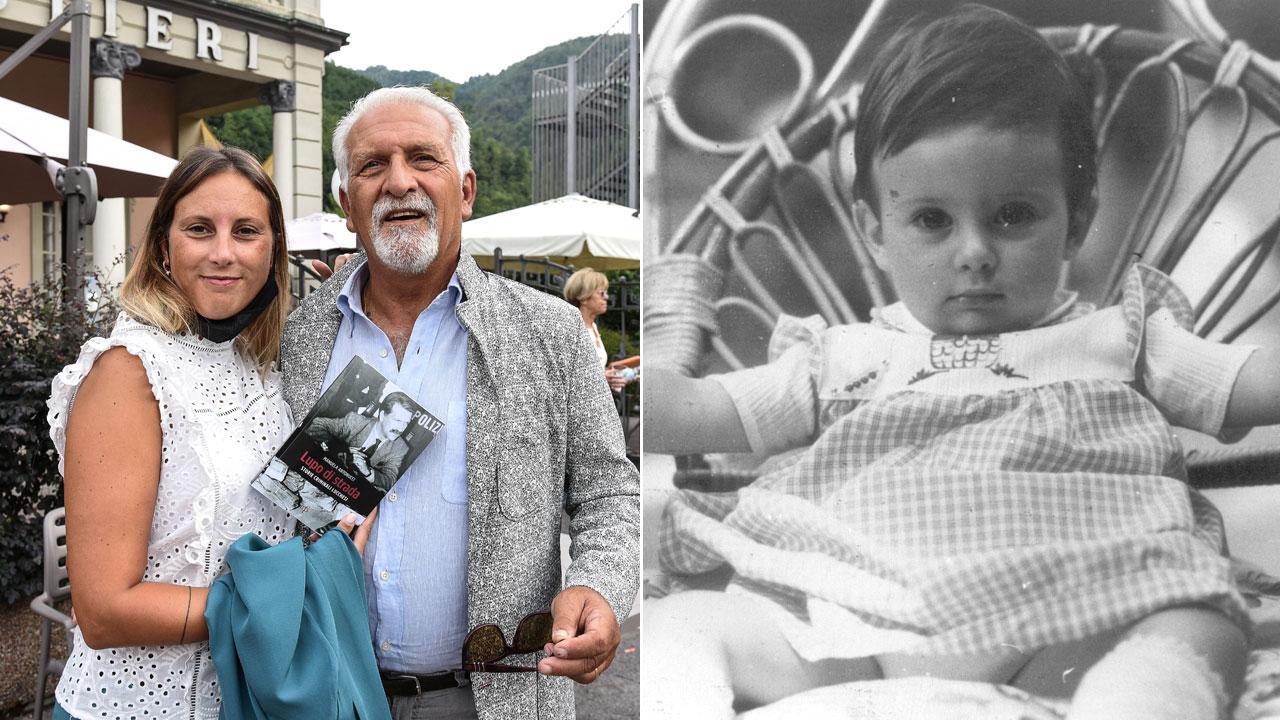 Elena Luisi, oggi 39 anni, che nell’ottobre 1983 venne rapita e fu ritrovata quaranta giorni dopo abbraccia Claudio Arpaia, 72 anni, per venti capo della squadra Mobile di Lucca che la ritrovò in Sicilia, nella foto a destra un’immagine di Elena che all’epoca gli inquirenti fornirono ai giornali