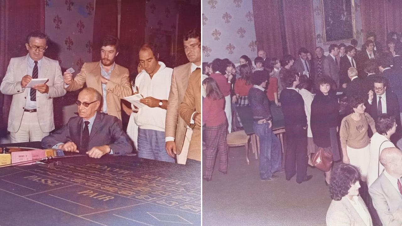 Alcune immagini dell’11 settembre 1981, giorno della riapertura-chiusura del casinò di Ponte a Serraglio: nella foto a sinistra alcuni giocatori al tavolo da gioco della roulette; nella foto a destra la folla che riempie la sala nei momenti che precedono il blitz delle forze dell’ordine (Foto di Amato De Paulis)