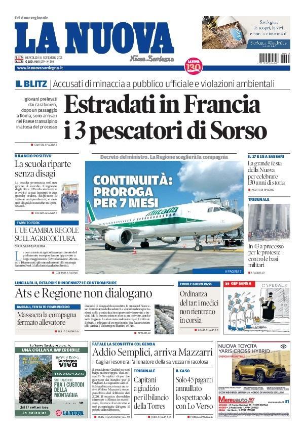 La Nuova Sardegna - Prima Pagina - 15 settembre 2021