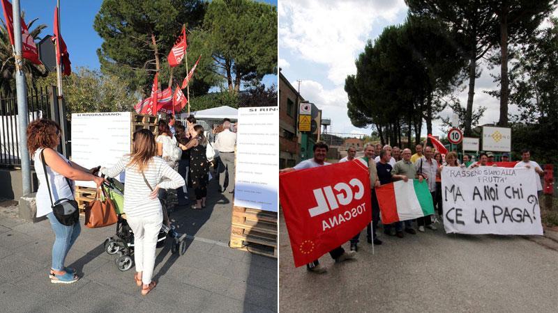 Il presidio alla cartotecnica nel 2017 e accanto quello nel 2011 alla fornace Rasseno nel territorio di Montespertoli