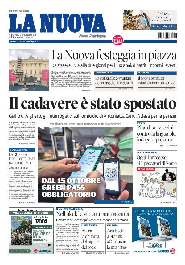 La Nuova Sardegna - Prima Pagina - 17 settembre 2021