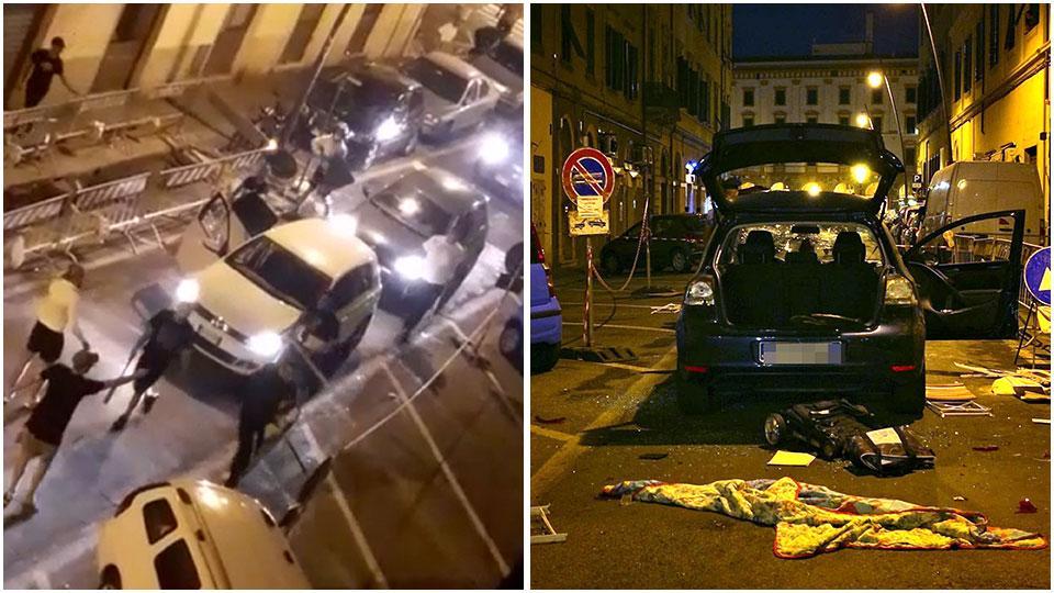 Un momento della rissa con il ragazzo con la pistola e altri armati di bastoni e il caos in via Buontalenti, a pochi passi dal mercato centrale di Livorno, dopo la guerriglia urbana che si è consumata mercoledì scorso