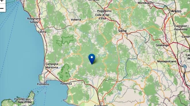 Il punto esatto in cui è stata avvertita la scossa, nella zona di Montieri