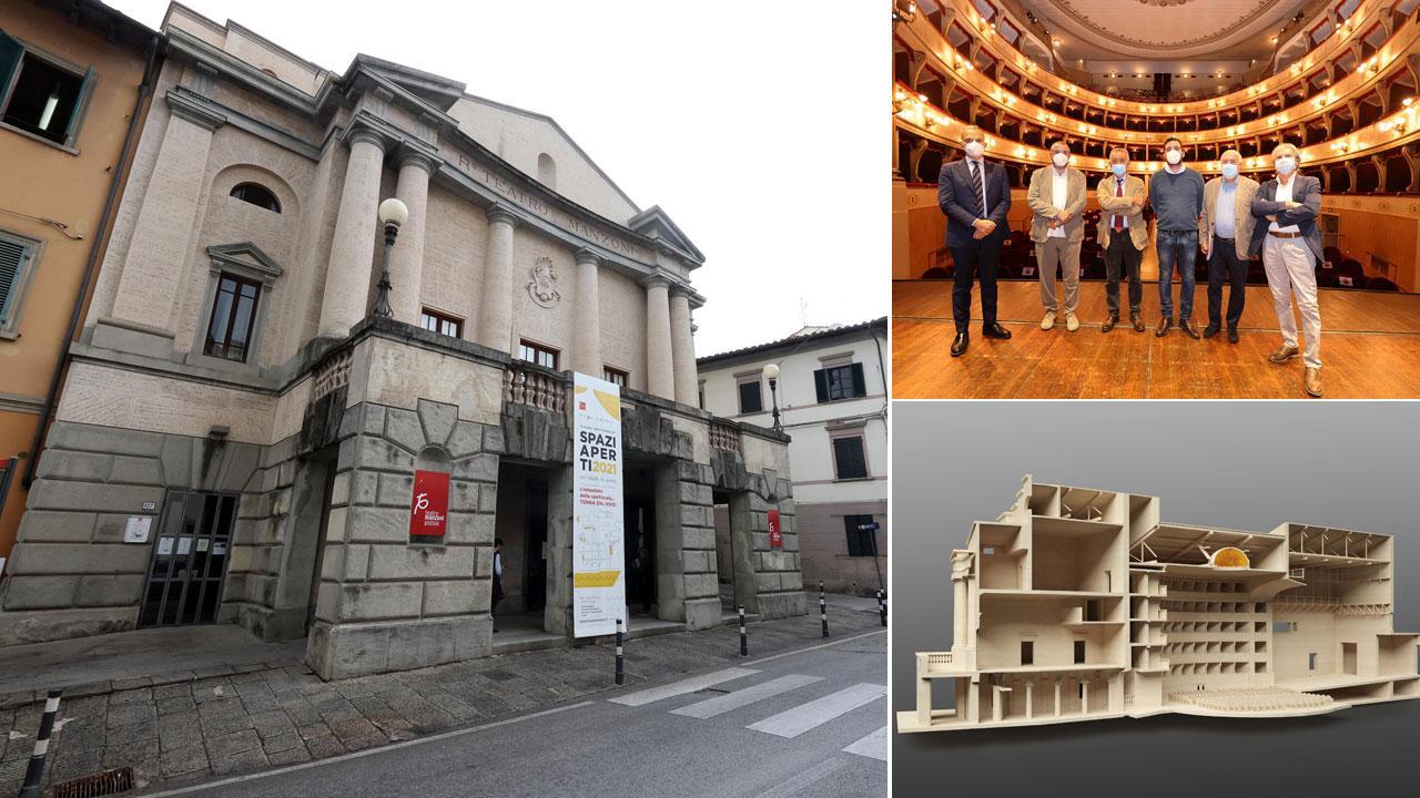 L’ingresso del teatro Manzoni. In alto, da sinistra: Zogheri, Magni, Gherpelli, Tomasi, Gagliardi e Natalini (foto Nucci). In basso un rendering