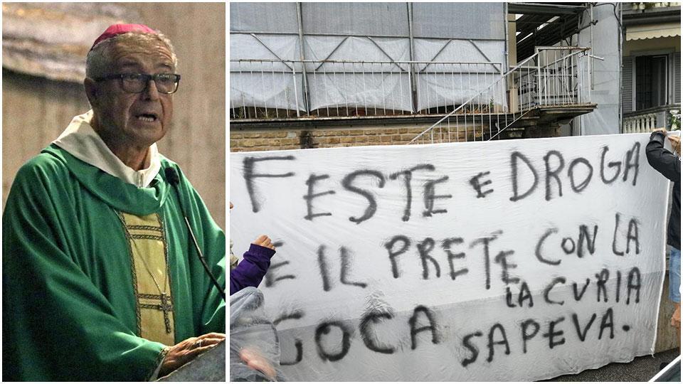 Il vescovo Nerbini durante la messa di ieri mattina e uno striscione di protesta all’ingresso della chiesa