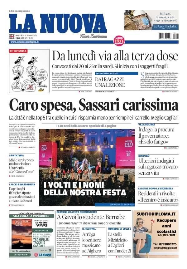 La Nuova Sardegna - Prima Pagina - 21 settembre 2021