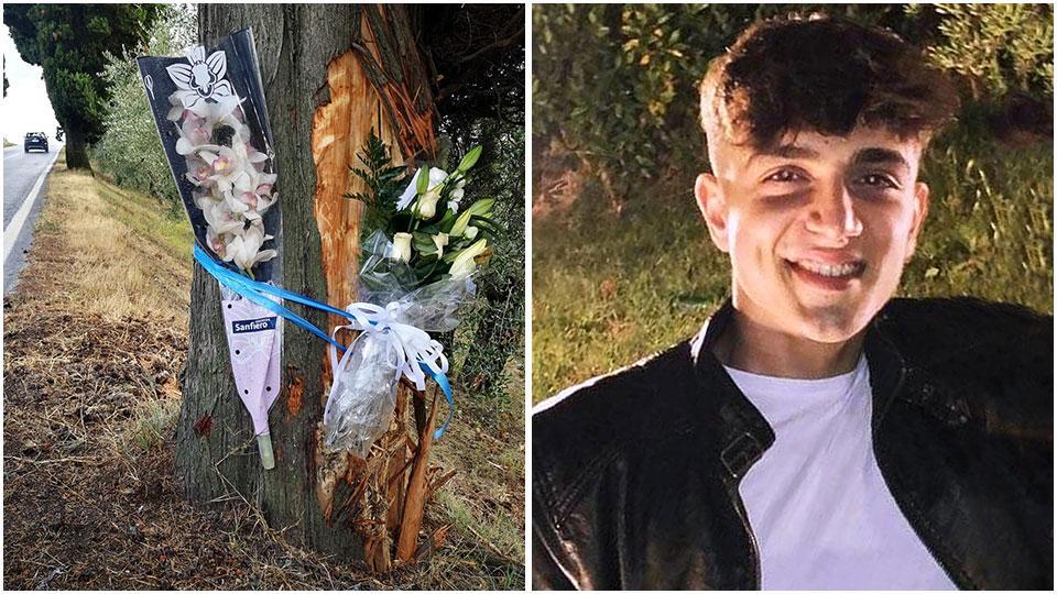 Sopra i fiori che sono stati lasciati dalla famiglia e dagli amici per il giovane morto nell’incidente sulla provinciale 31 Traversa di Cerreto Guidi e Devinson Bregu