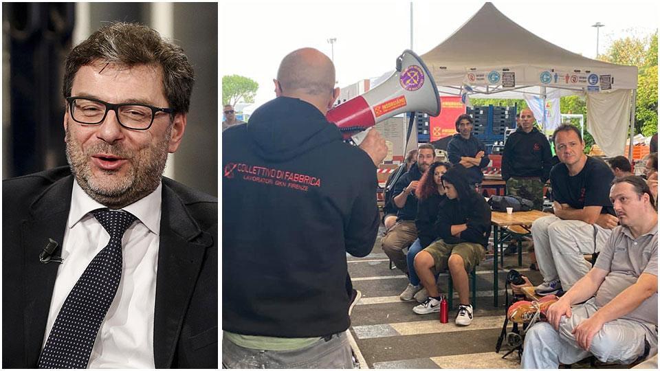 il ministro Giancarlo Giorgetti e gli operai Gkn in presidio