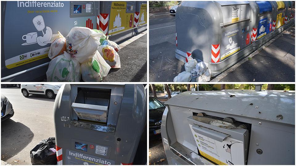 Sacchi dell’immondizia abbandonati in via Damiano Chiesa, la batteria dei cassonetti in via Monterosa, l’apertura spalancata del bidone dei rifiuti indifferenziati in via Brigate Partigiane e l’apertura del cassonetto dei rifiuti indifferenziati bloccata da una valigia in via Calabria
