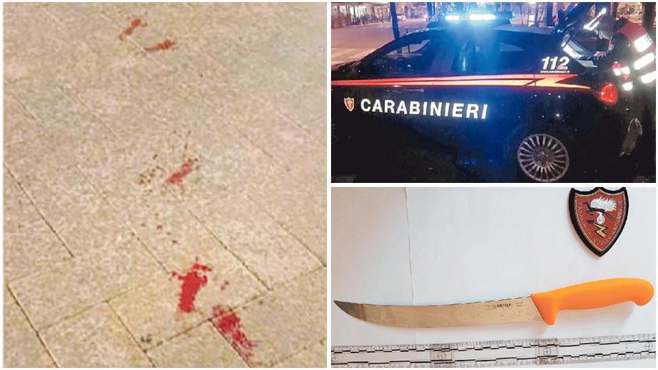 Le tracce di sangue nel centro di Venturina, la pattuglia dei carabinieri sul posto e il coltello con lama di 24 centimetri usato per il tentato omicidio