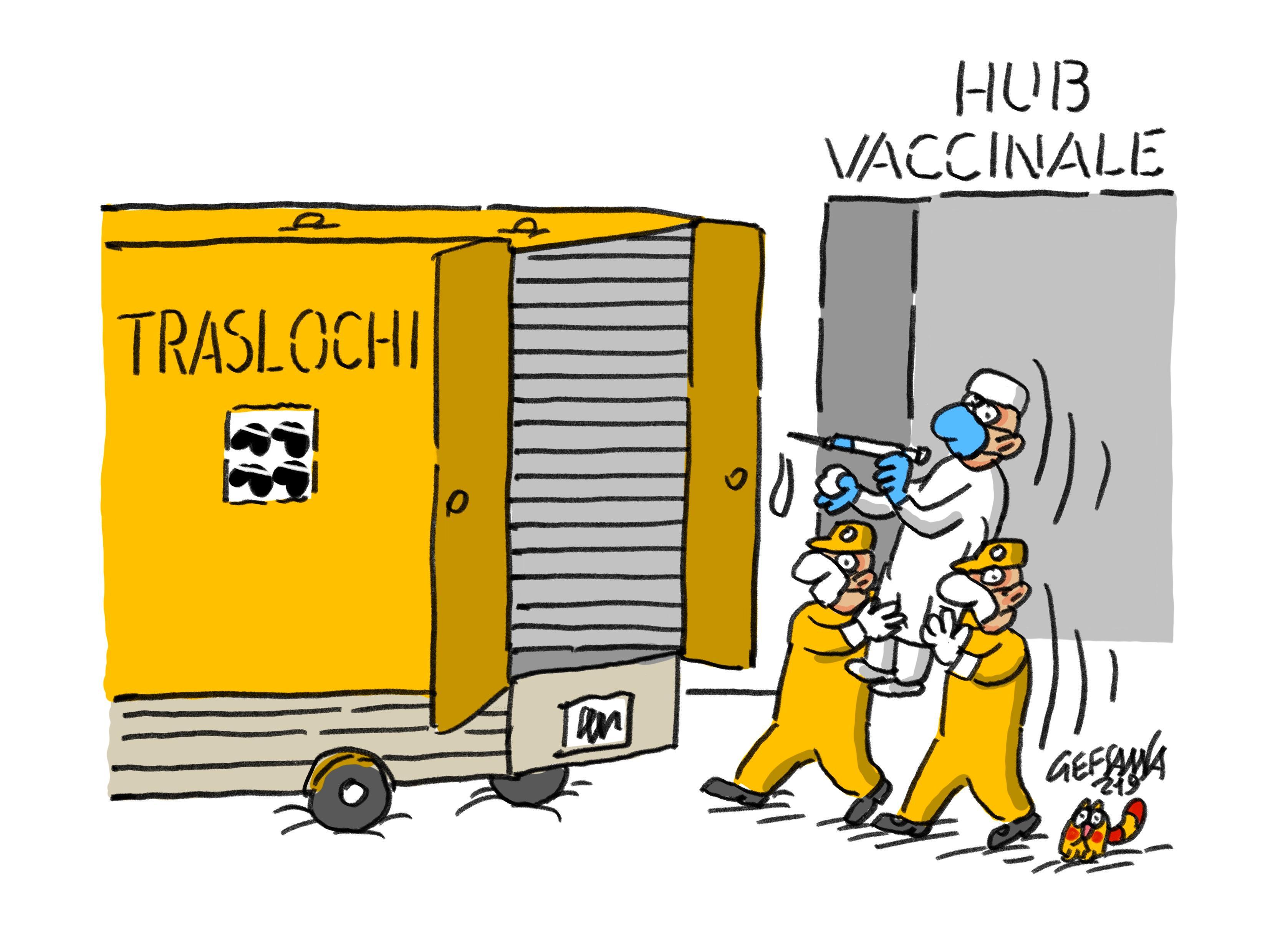 La vignetta di Gef: gli hub vaccinali sardi verranno smantellati