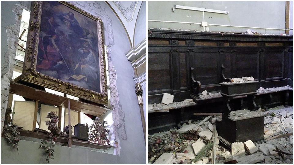 La paura e i danni dopo la tromba d’aria, crolla una parete della chiesa di San Pietro
