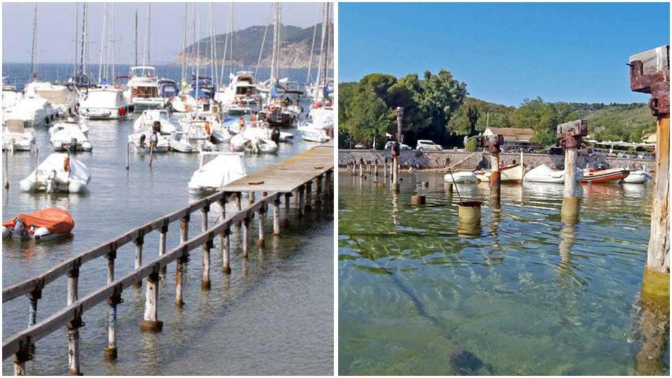 I resti del vecchio pontile e alcuni sostegni ammalorati del vecchio pontile di Baratti