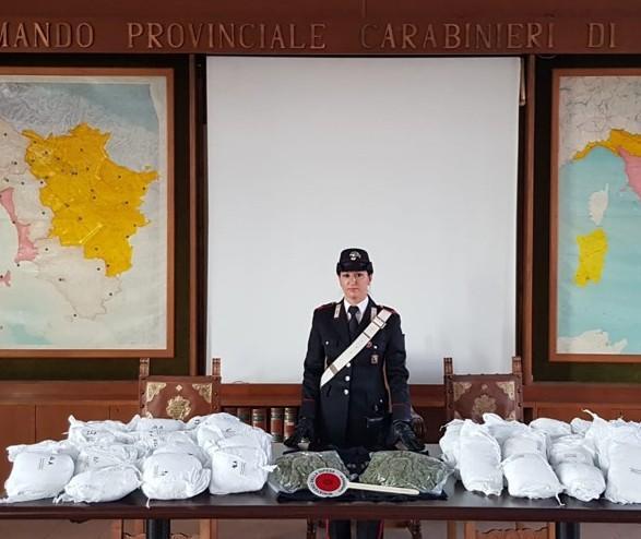 Nell'immagine a sinistra il sequestro dei 30 chili di marijuana messo a segno fra il 5 e il 7 novembre 2020