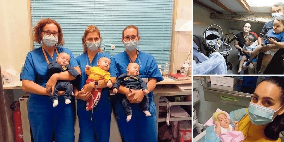 Nella foto grande i tre gemelli qualche giorno fa. In alto la famiglia quasi riunita a casa, in basso la mamma in ospedale con uno dei bimbi nati da poco