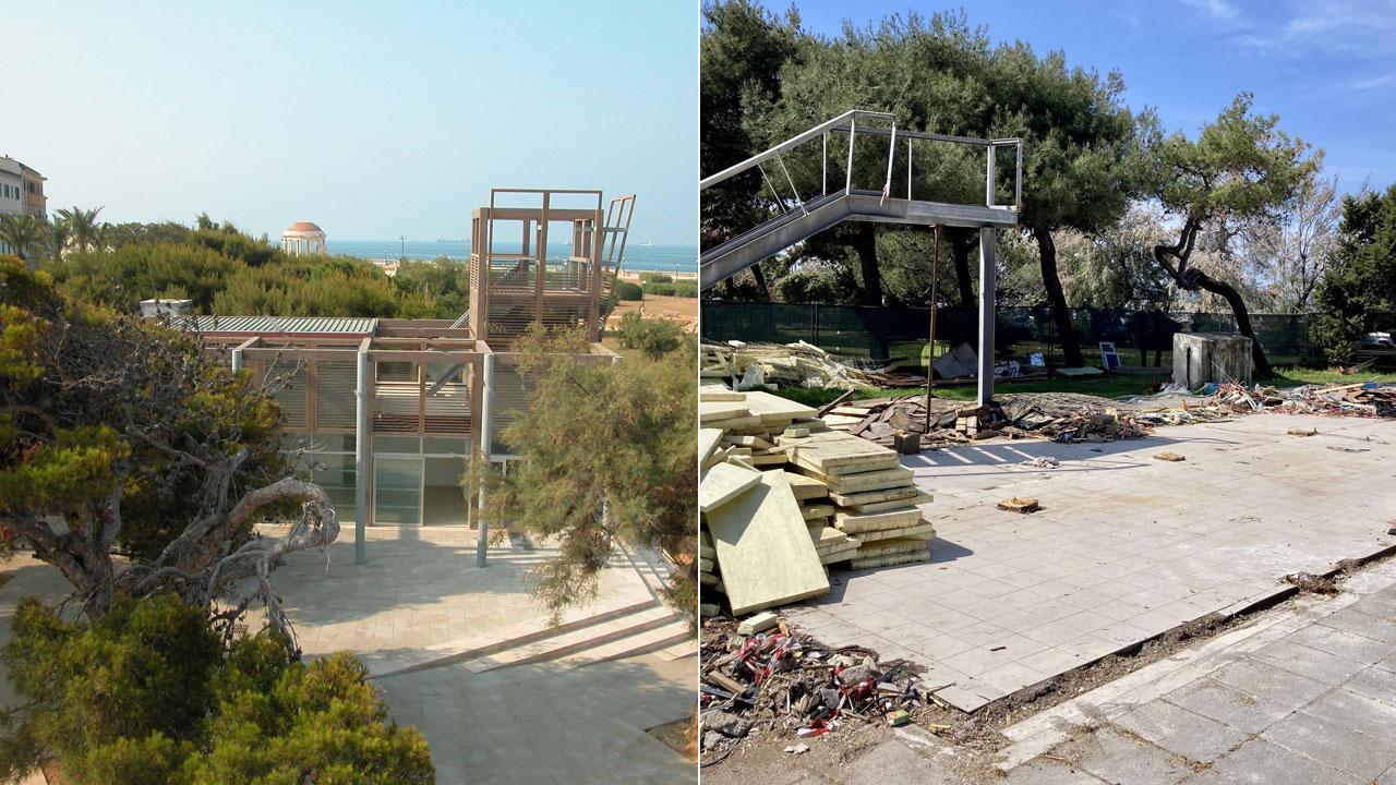 Estate 2003: una delle nuove baracchine progettate dall'architetto Toraldo di Francia in fase di ultimazione; estate 2021: la prima baracchina demolita sul lungomare davanti allo Scoglio della Regina