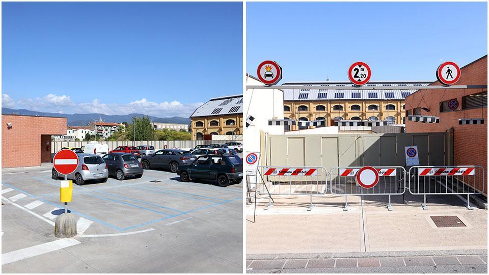 Il parcheggio utilizzabile al piano della strada e le transenne bloccano l’ingresso ai piani interrati del San Giorgio