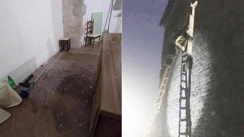 Un pompiere sale per metter e in sicurezza la finestra della chiesa, Il palo lanciato all’interno di una stanza della Badia di Montale