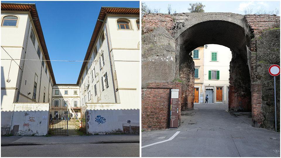 A sinistra una parte del complesso dell’ex ospedale in centro e accanto Porta Pisana