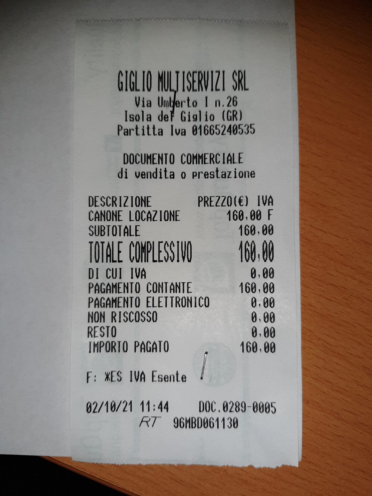 La ricevuta rilasciata dal sindaco dell'Isola del Giglio, Sergio Ortelli, all'inviata delle Iene e all'operatore del programma Mediaset, che hanno soggiornato in un suo appartamento accusandolo di non aver emesso titolo fiscale