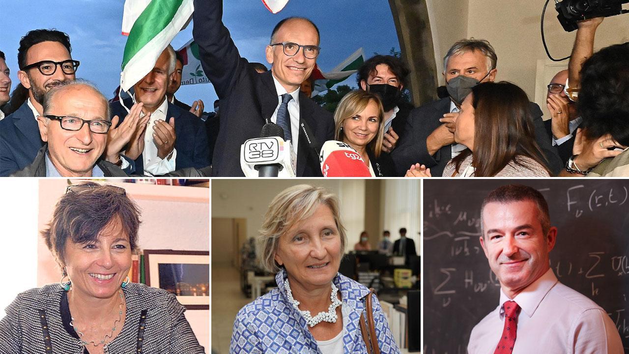 In alto Enrico Letta festeggiato a Siena; sotto Msria Chiara Carrozza, Sabina Nuti e Fabrio Beltram
