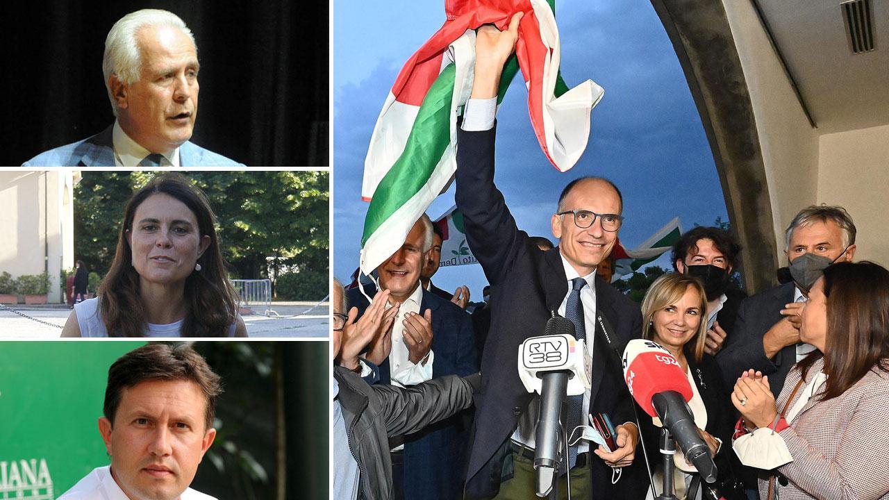 Enrico Letta durante i festeggiamenti per la vittoria a Siena; a sinistra dall'alto Eugenio Giani, Simona Bonafè e Dario Nardella