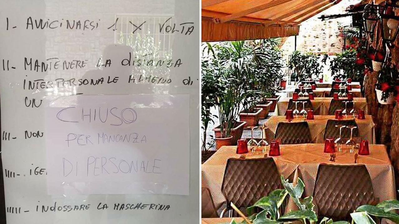 Il cartello affisso all'ingresso e il ristorante La Buca