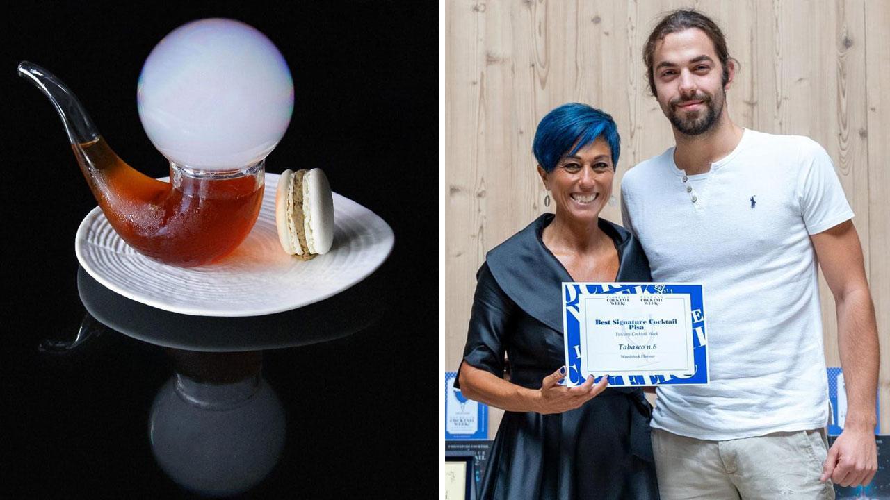 Giulio Nieri durante una premiazione e il cocktail premiato