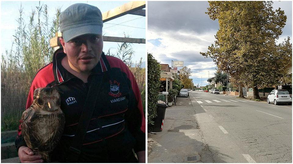 Matteo Traina e le strisce pedonali davanti al bar “Peperosso” sulla via Aurelia a Bicchio, nel punto in cui è accaduto l’incidente mortale