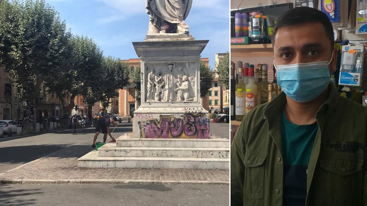 Una immagine di Piazza XX Settembre e il titolare del minimarket Foysal Hussein
