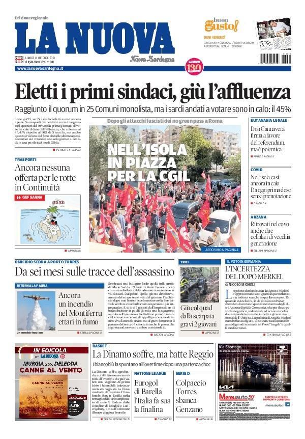 La Nuova Sardegna - Prima Pagina - 11 ottobre 2021
