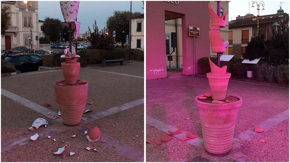 Le due opere di Ugo La Pietra danneggiate dal vandalo davanti al Museo della ceramica