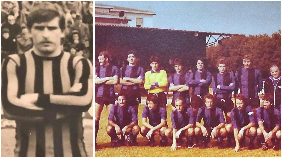Un’immagine in bianco e nero di Roberto Biagini con la maglia nerazzurra, dove approdò nel campionato 1975-76: a destra il Piombino della stagione 1976-77, quando i nerazzurri vinsero il campionato di Promozione, garantendosi il diritto a partecipare alla serie D