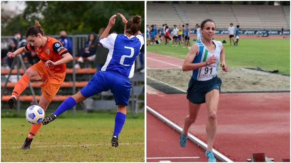 Cristina Mariani in campo con la maglia arancione della Pistoiese, una delle squadre in cui ha militato durante la sua carriera calcistica e un momento di un arrivo durante una prova di mezzofondo