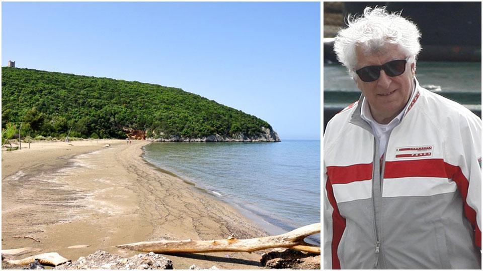 Una veduta della spiaggia di Cala di Forno e Patrizio Bertelli alla Coppa America