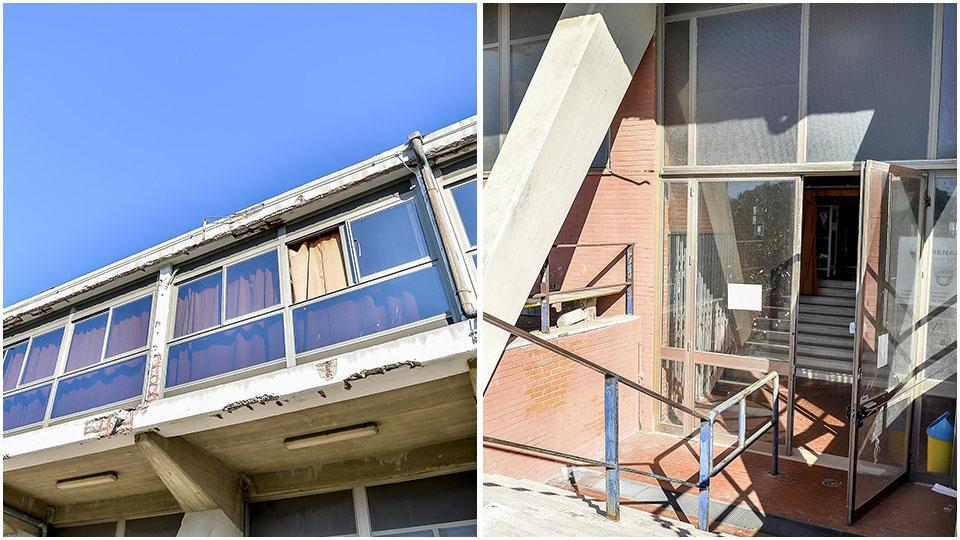 I ferri del cemento armato scoperti dopo i lavori di messa in sicurezza del Comune e le scale esterne e interne e le porte probabilmente da cambiare