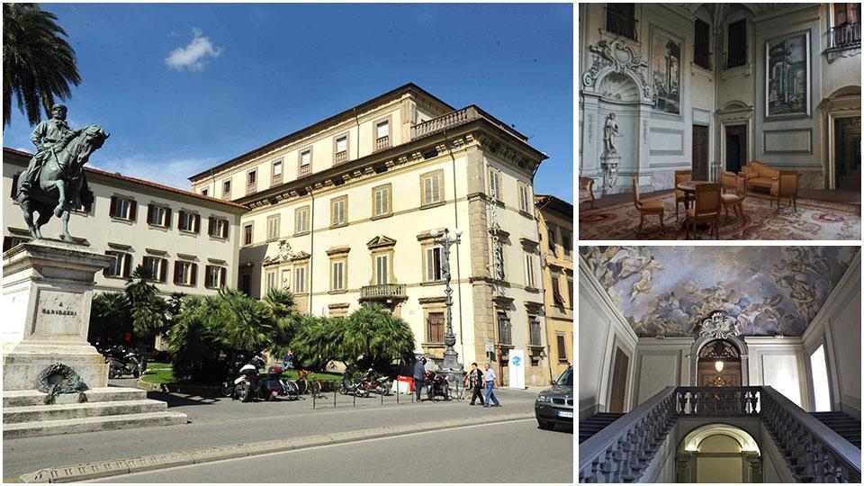 L’esterno di Palazzo Amati Cellesi in piazza Garibaldi, una delle stanze interne del palazzo e la splendida scalinata con il soffitto affrescato