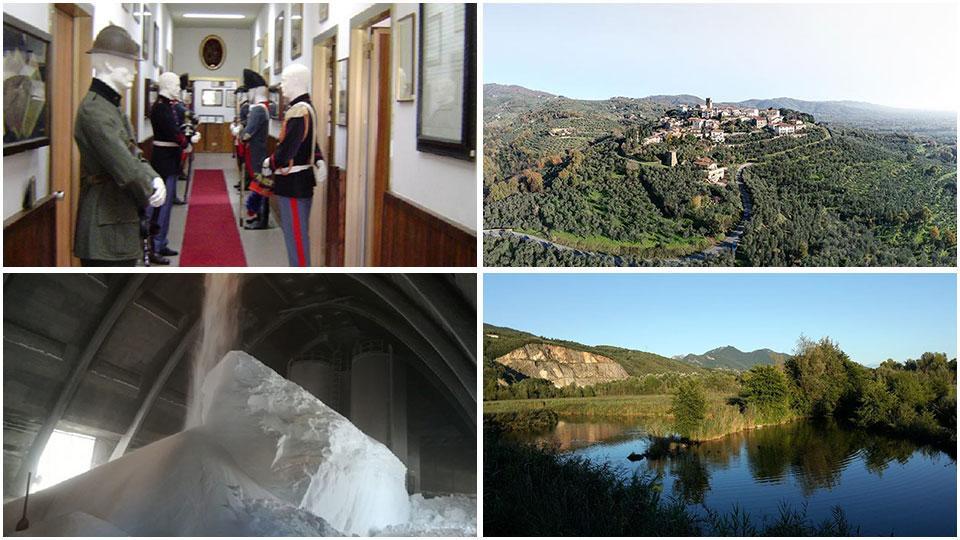 Una sala del museo del Reggimento Savoia a Grosseto, il borgo leonardesco di Montevettolini, la produzione di sale a Saline di Volterra e l’incantevoile lago di Porta a Montignoso