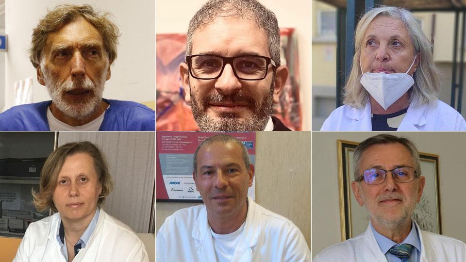 In alto da sinistra, Roberto Bigazzi, direttore di Nefrologia, Il cardiologo Emilio Pasanisi, Amalia Negri, responsabile fibrosi cistica, in basso da sinistra, la cardiologa Lara Frediani, Umberto Baldini, direttore di Cardiologia, Giuseppe Meucci, direttore di Neurologia