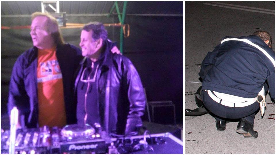 Moreno Bessegato, in arte dj Bess (a destra) abbracciato al compianto Riccardo Cioni e i rilievi della polizia municipale in viale Europa FOTO ARCHIVIO