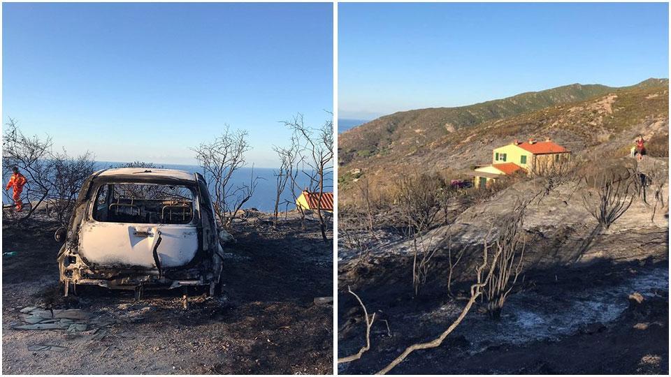 In alto l’auto bruciata dall’incendio a pochi metri dalla casa di Isa Tonso