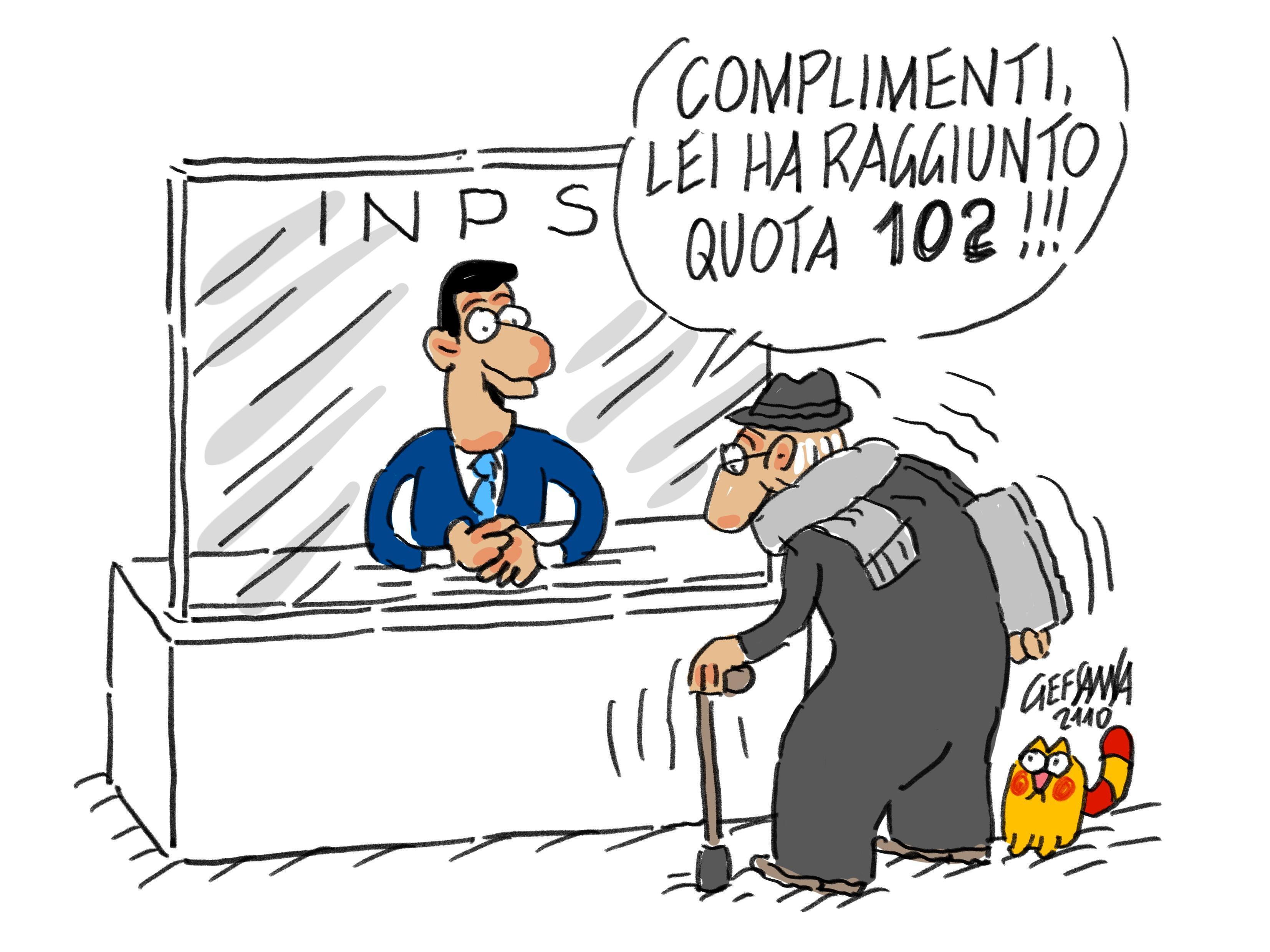 La vignetta di Gef - La manovra finanziaria: pensioni a quota 102 anni 