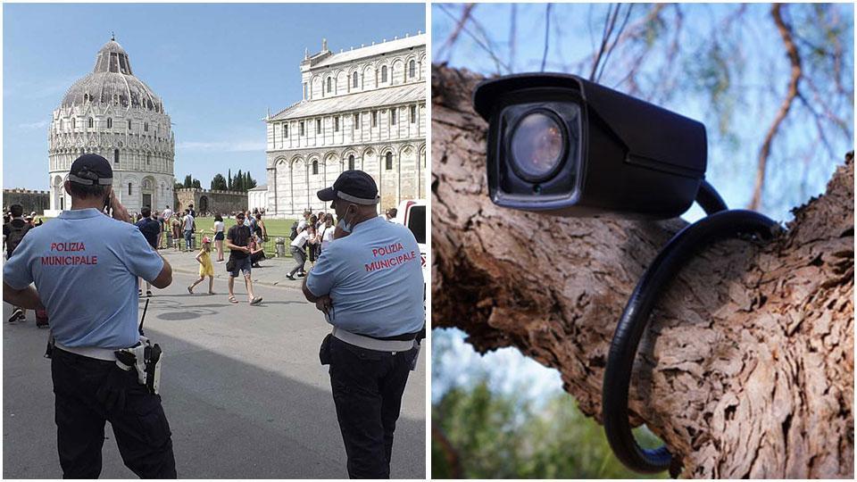 Agenti della polizia municipale in piazza dei Miracoli e un modello di telecamera “E-killer snake”