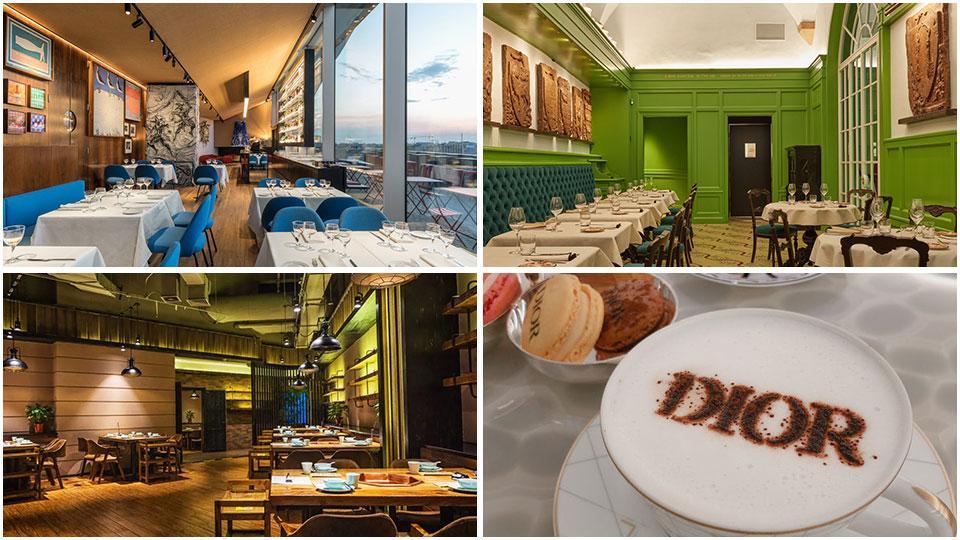 In alto in senso orario: il ristorante Torre in cima al grattacielo della Fondazione Prada a Milano. L’osteria Gucci a Firenze aperta insieme a Bottura: tutto pronto per il taglio del nastro di un nuovo locale anche a Tokyo. Il ristorante Dior a Parigi e il cappuccino griffato servito a Saint Tropez