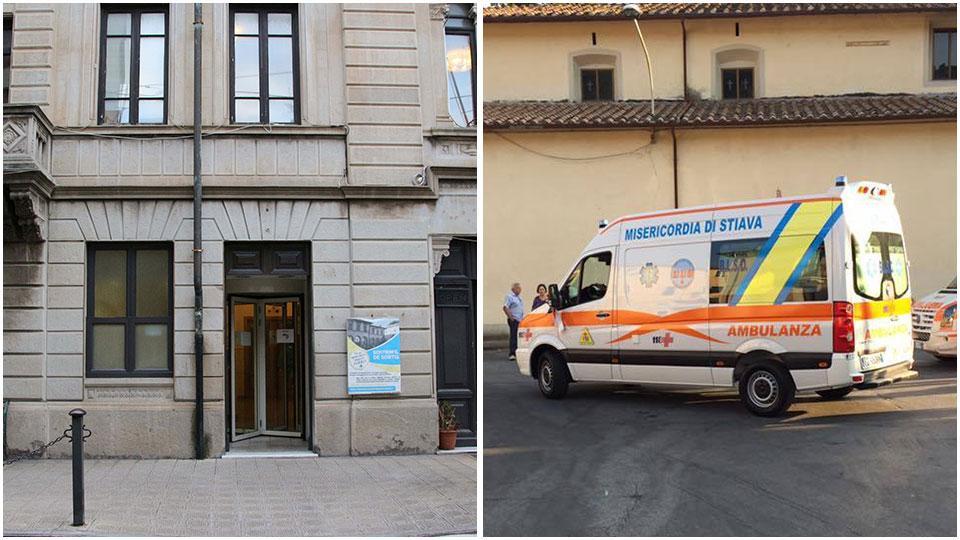 la sede della Misericordia di Viareggio e un'ambulanza della Misericordia di Stiava