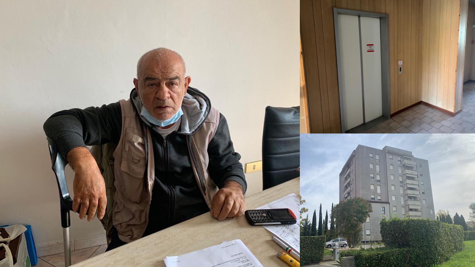 Enrico Gallappo, l'ascensore con il cartello che avvisa della manutenzione e il palazzo Apes di Pisa