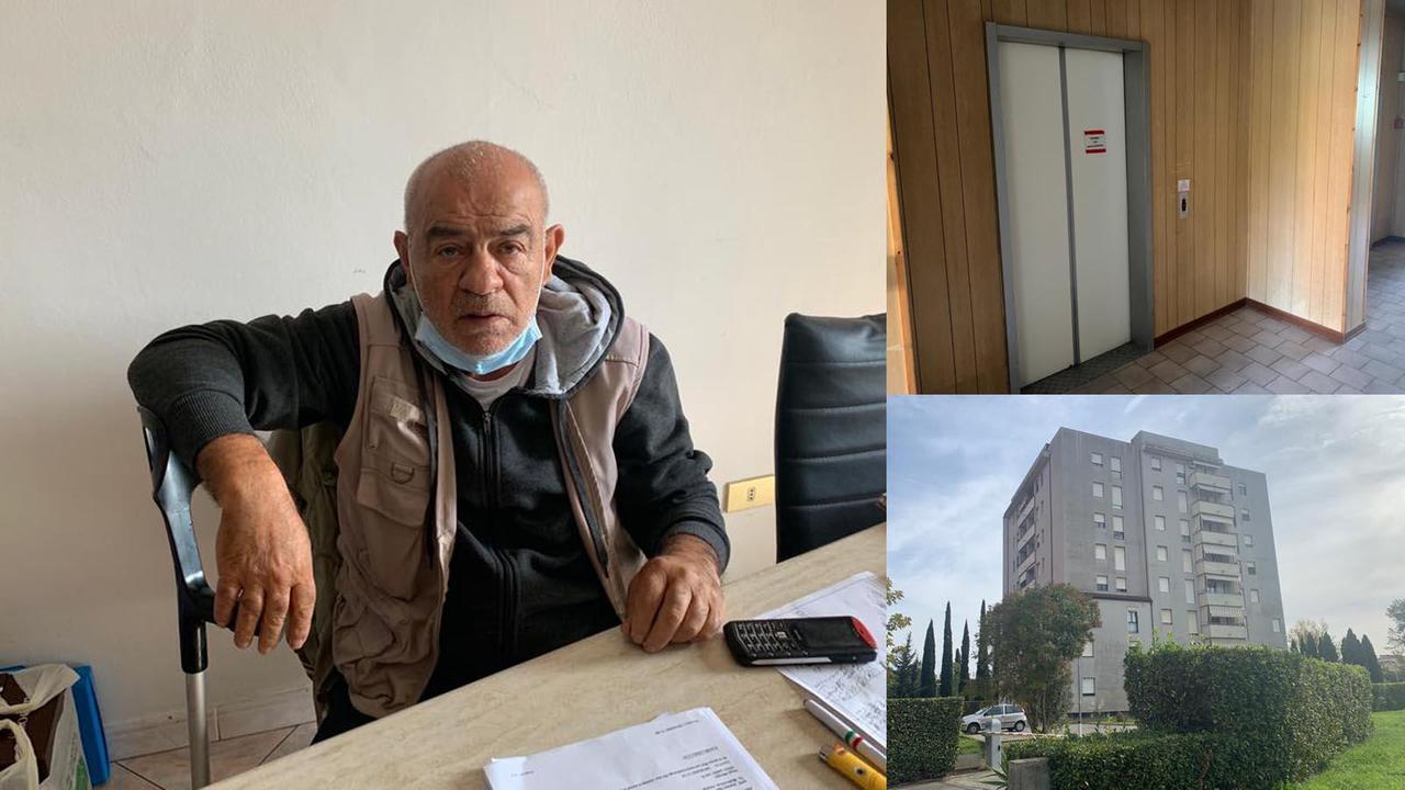 Enrico Gallappo, l'ascensore con il cartello che avvisa della manutenzione e il palazzo Apes di Pisa