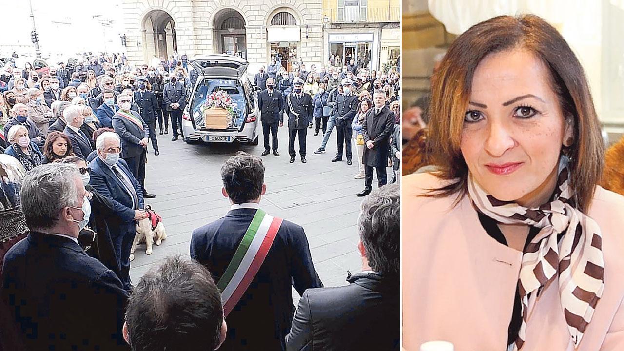 Una immagine del funerale e l'assessora Gianna Gambaccini