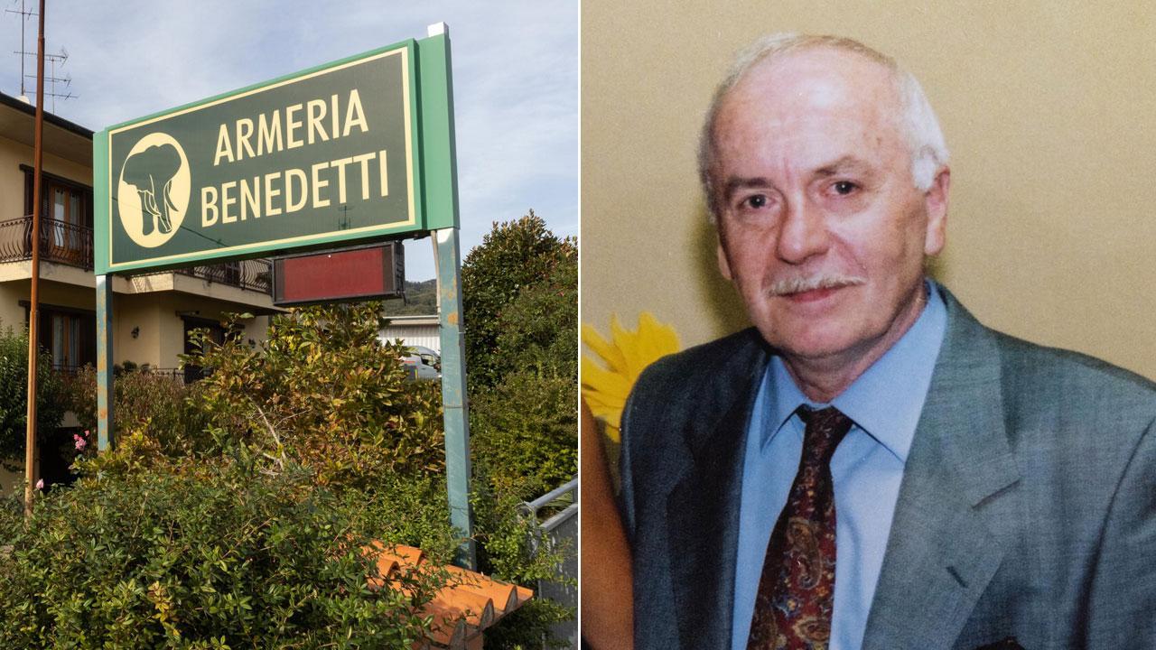 A sinistra Gianfranco Benedetti, a destra l’insegna dell’armeria che ha fondato nel lontano 1966